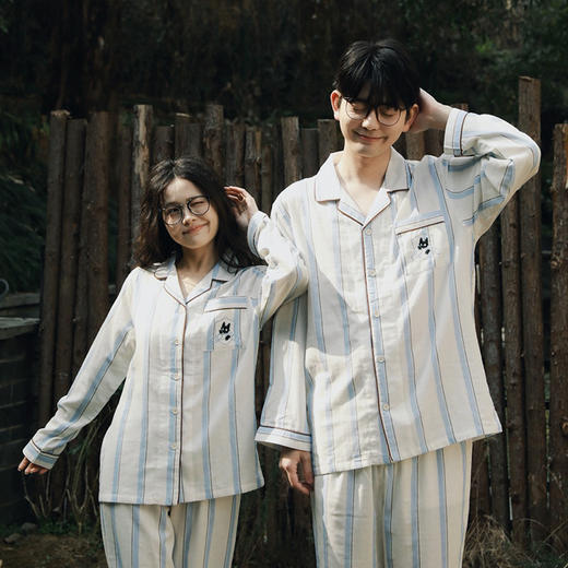 全棉双层纱~情侣款纯棉蓝白条纹睡衣女 野兽风格休闲家居服可外穿长袖全棉套装 商品图3