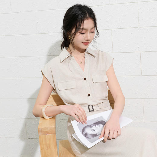 三彩2026夏季新款休闲连衣裙翻领短袖收腰A字裙长裙简约气质S 商品图2