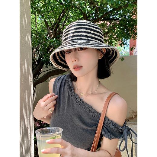 韩系复古条纹渔夫帽！2026女夏季透气显脸小遮阳防晒出游海边沙滩草帽子！ 商品图3