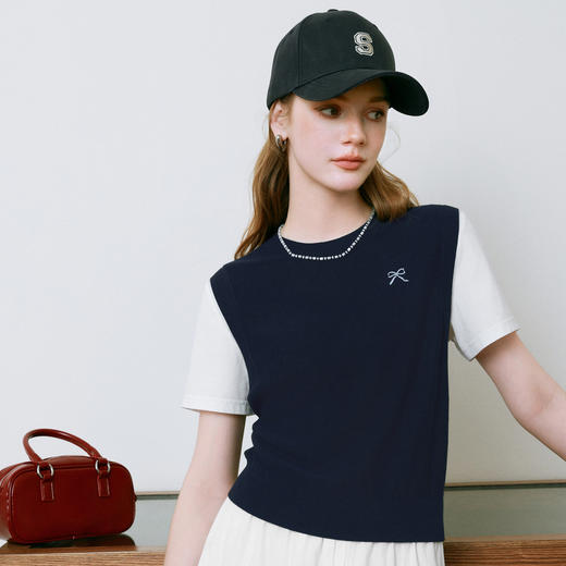 【商场同款】诗凡黎针织拼接短袖2025夏新款假两件上衣3G4230871 商品图0