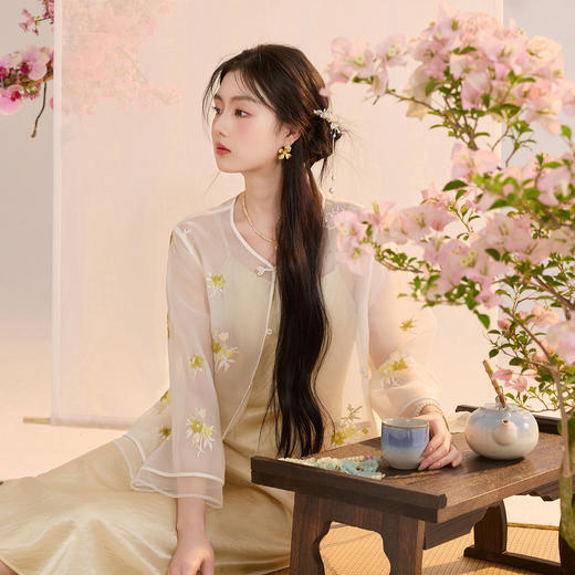 三彩【花间轻语】2026夏季新款欧根纱绣花外套盘扣开衫宽松上衣C 商品图2