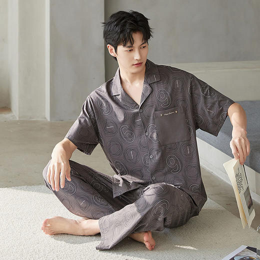 夏季莫代尔短袖男士睡衣长裤可外穿翻领家居服舒爽开衫套装新款   JL-5537 商品图3