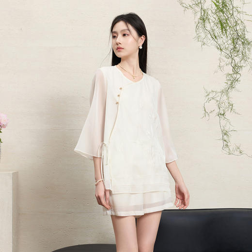 三彩【兰语清风】2026夏季新款新中式欧根纱套装绣花衬衫短裤C 商品图1