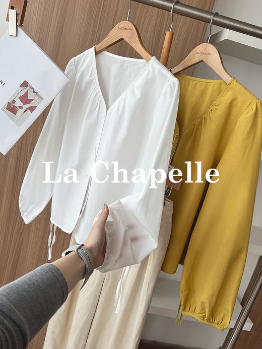 专柜实拍【天丝+亚麻+棉】拉夏贝尔/La Chapelle气质V领排扣两侧系带设计简约净版显瘦长袖衬衫 商品图5
