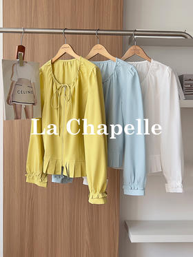 专柜实拍【莱赛尔+麻】拉夏贝尔/La Chapelle圆领系带拉链压褶花边设计长袖上衣百搭甜美风衬衣