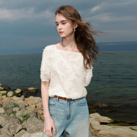 三彩2026夏季新款中袖剪花小衫方领衬衣宽松套头上衣清新M 商品图3