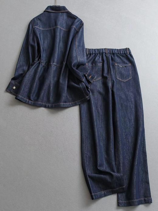 F033168牛仔裤套装新款银丝薄棉牛仔外套抽绳直筒简约松紧腰阔腿裤 商品图1