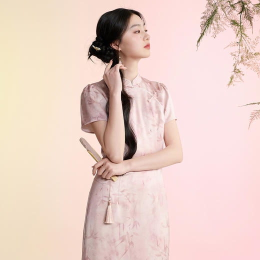 【粉黛青岚】三彩2026夏季新款立领印花连衣裙新中式短袖A字长裙C 商品图1