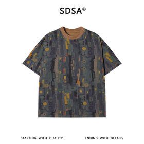 SDSA男装2026新款高贵轻奢抽象几何满印撞色圆领宽松短袖T恤百搭