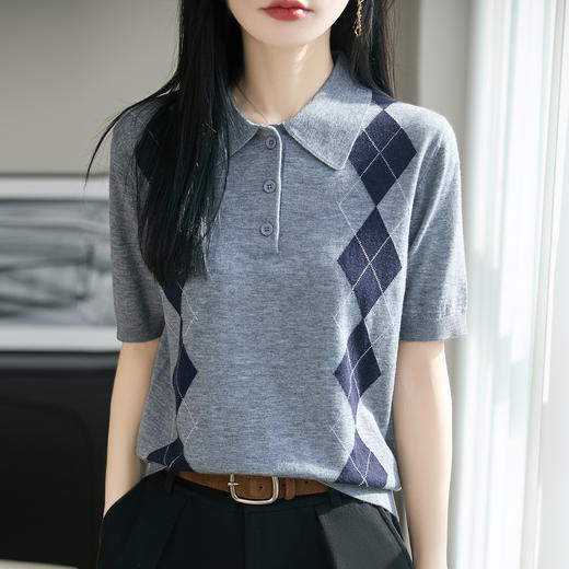 丁摩 复古polo领菱格纹针织短袖女灰色百搭T恤上衣ZS-96030-95 商品图0