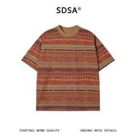 SDSA男装2026新款轻奢美式复古民族风撞色圆领短袖T恤百搭上衣