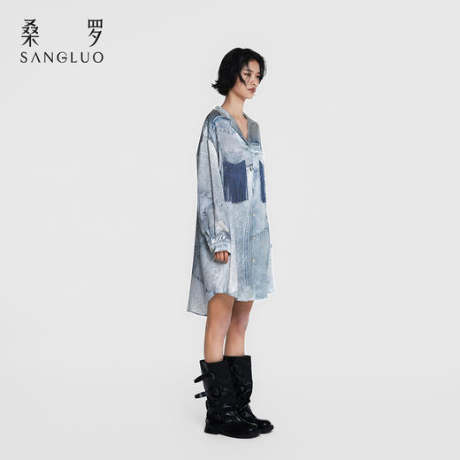 颠覆丹宁』桑罗复古牛仔印花真丝衬衫裙100%桑蚕丝女家居服可外穿 商品图3