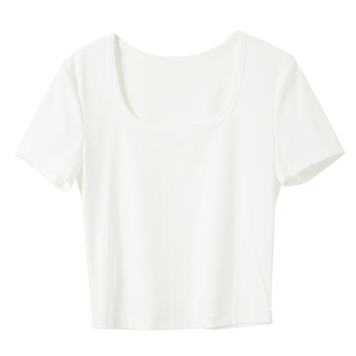 三彩2026夏季新款纯色方领T恤正肩短袖套头衫修身短款简约M 商品图4