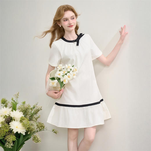 【甜美少女感】精致蝴蝶结领连衣裙女夏季撞色宽松娃娃裙LXD50745 商品图0