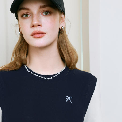 【商场同款】诗凡黎针织拼接短袖2025夏新款假两件上衣3G4230871 商品图3