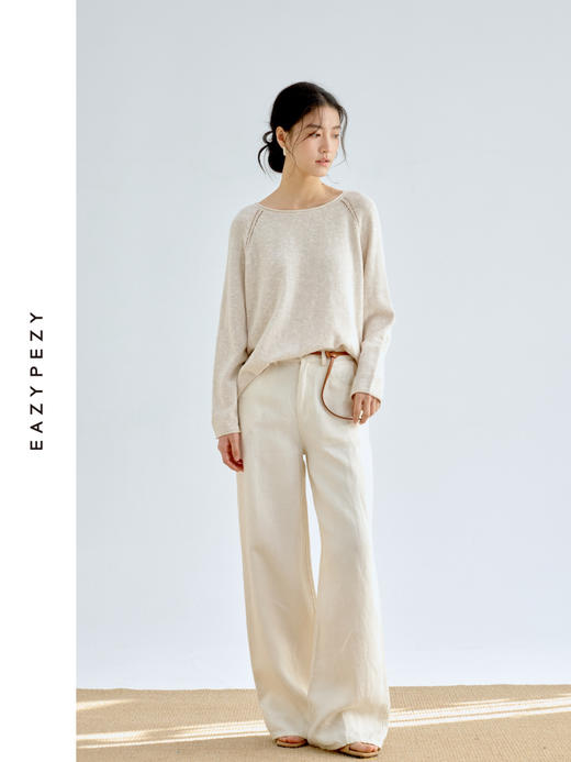 托斯卡纳的艳阳·棉麻丝卷边领镂空插肩长袖针织衫 商品图1