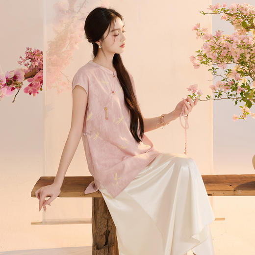 三彩2026夏季新款新中式小衫印花宽松上衣盘扣设计感M 商品图2