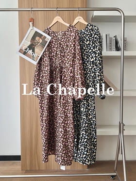 专柜实拍【法式茶歇风】拉夏贝尔/La Chapelle宽松显瘦减龄小V领前腰抽绳设计感复古碎花连衣长裙