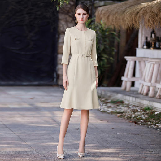 IWY/气质浅黄色七分袖连衣裙女收腰显瘦气质工作服通勤西装裙25Q957 商品图0