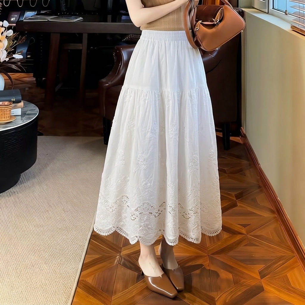 春天绝配~重工镂空刺绣100%棉松紧腰半身裙女法式中长裙
