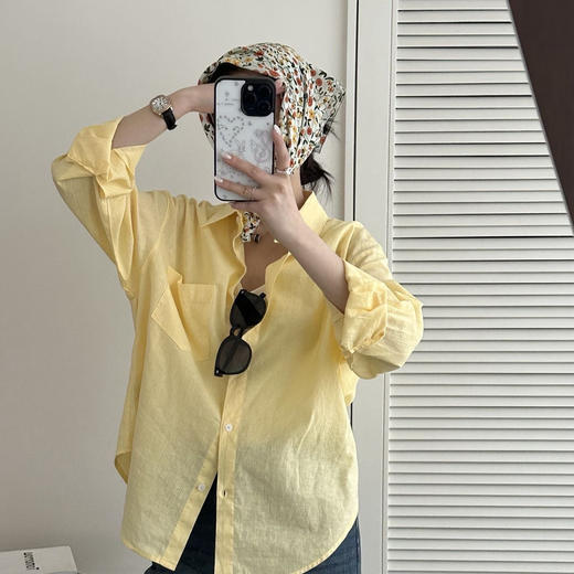 【柠檬黄 亚麻棉感防晒衬衫】慵懒感十足 宽松版型设计 遮肉显瘦 商品图4