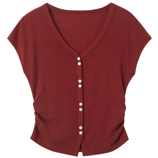 三彩2026夏季新款小蛮腰T恤V领连肩袖修身上衣开叉短款显瘦M 商品图4