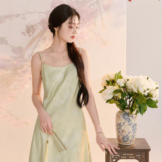 【绿阴幽草】三彩2026夏季新款新中式吊带裙提花A字裙长裙C 商品图2