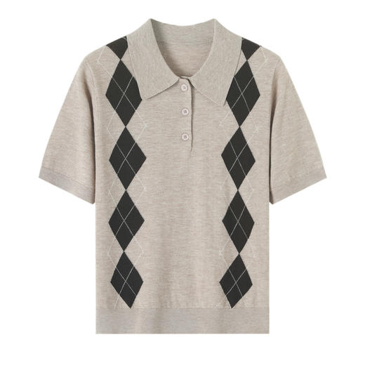 丁摩 复古polo领菱格纹针织短袖女灰色百搭T恤上衣ZS-96030-95 商品图4