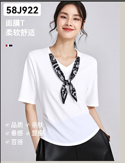 58J922春夏款V领丝巾中袖T恤