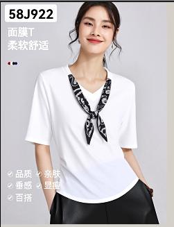 58J922春夏款V领丝巾中袖T恤 商品图0