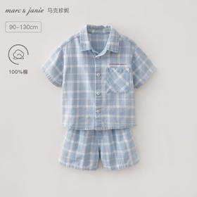 马克珍妮格纹蓝调男童纯棉短袖套装2026年夏装新款560917