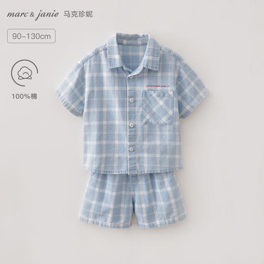 马克珍妮格纹蓝调男童纯棉短袖套装2026年夏装新款560917 商品图0