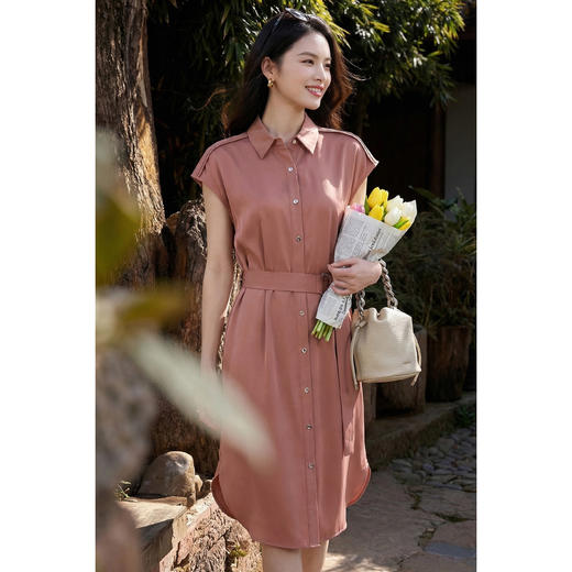米思阳2026夏季新款知性通勤风衬衫连衣裙女短袖翻领中长款收腰显瘦裙子女1048/0229 商品图3