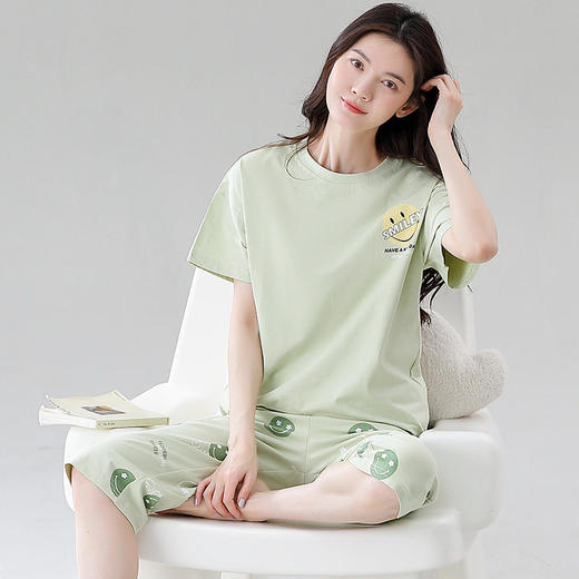 新品夏季纯棉短袖七分裤睡衣女士薄款凉爽休闲简约大码家居服套装   JL-YS5686 商品图2