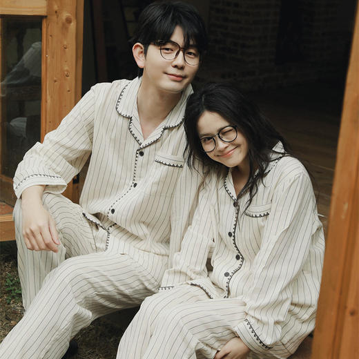 全棉双层纱~情侣睡衣女春季2026新款纯棉纱布条纹款长袖套装男士无印风家居服 商品图1