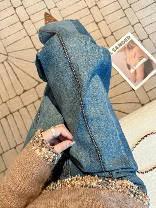 欧货立体拼接麦穗烫钻满天星阔腿牛仔裤 商品图1