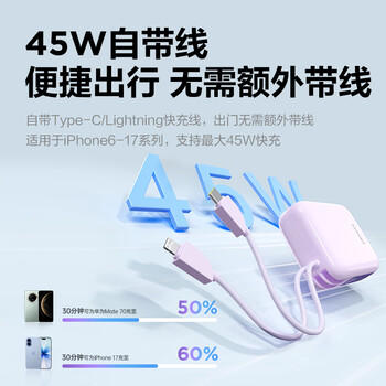 品胜【3C认证上飞机】小魔方充电宝45W快充自带双线20000毫安便携移动电源40W适用苹果17户外储能电源 /手机通讯 /手机配件 /移动电源 商品图0