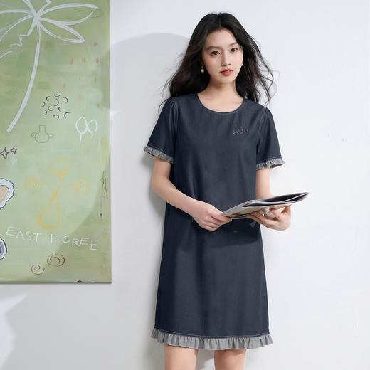 三彩2026夏季新款休闲连衣裙宽松圆领短袖木耳边直筒裙短裙S 商品图1