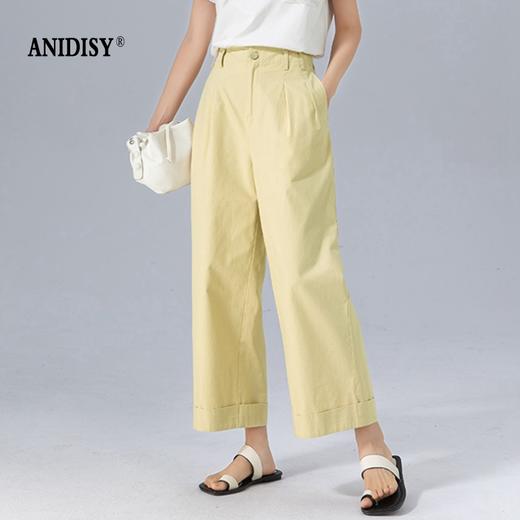 水洗棉高腰拉链脚口翻边九分直筒阔腿裤 商品图2