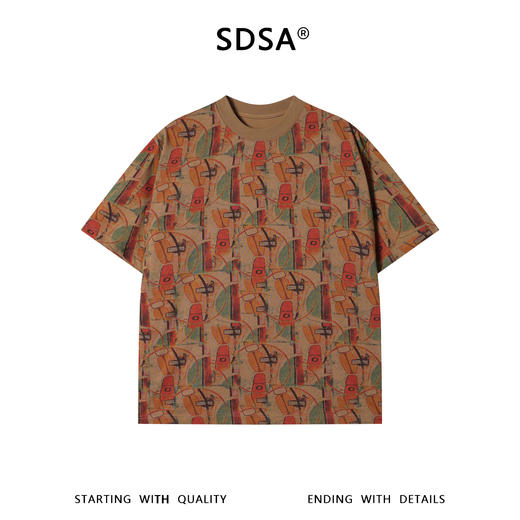 SDSA男装2026新款高贵轻奢复古抽象撞色几何满印圆领宽松短袖百搭 商品图0