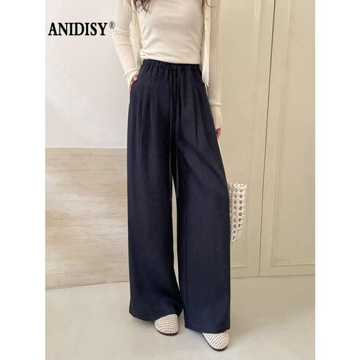 时尚高腰松紧腰系带垂顺直筒阔腿裤 商品图2