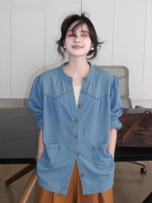 Fab*同款水洗浅蓝法式褶皱天丝牛仔衬衫 商品图8