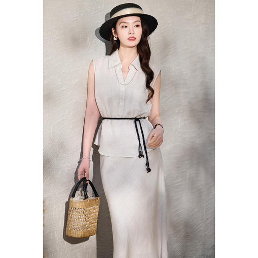 老钱风天丝亚麻套装 米思阳2026夏新品高级感优雅无袖衬衫半身裙两件套女时尚套装6135 商品图1