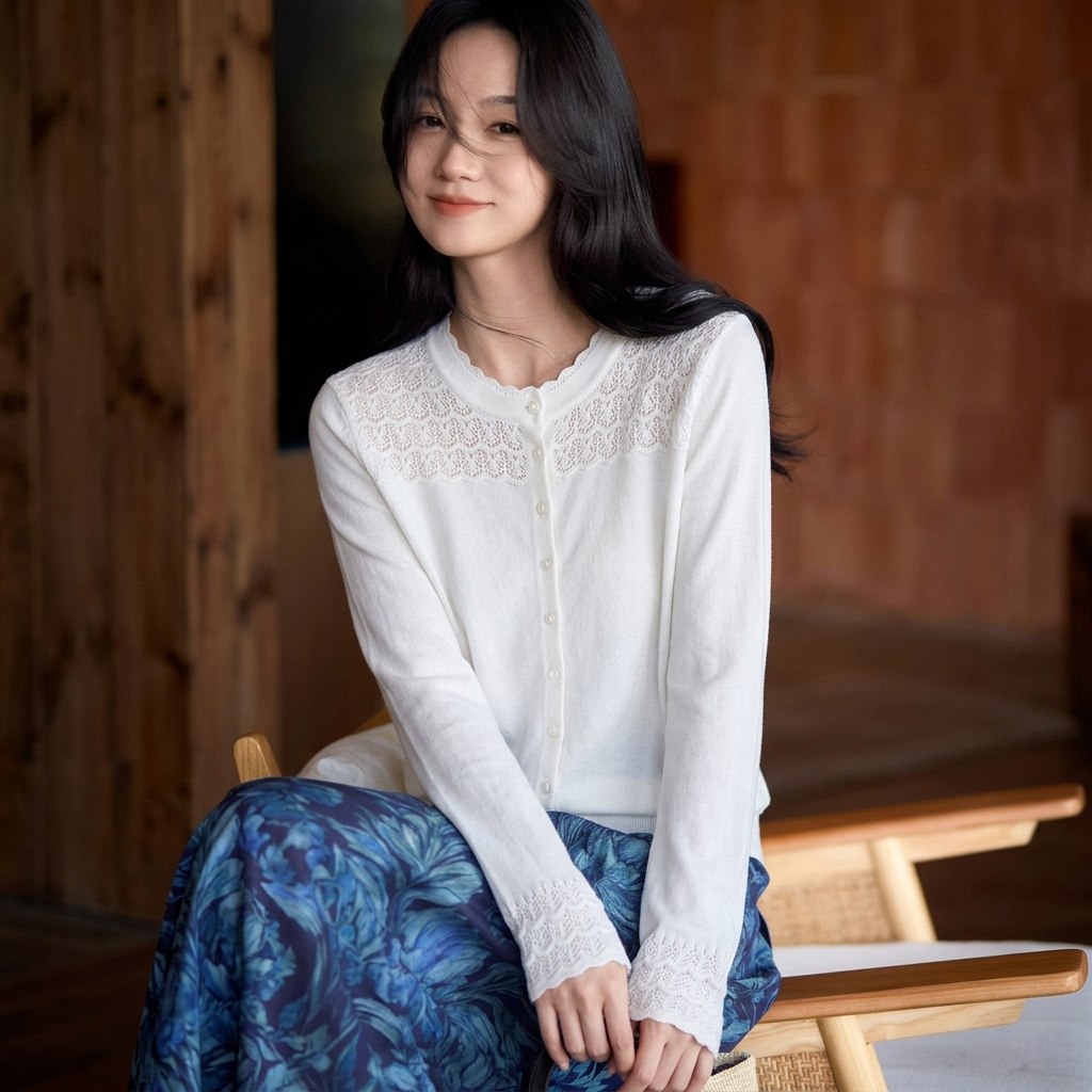 白茶清欢~6A级白厂丝 羊毛镂空显瘦花边外套女