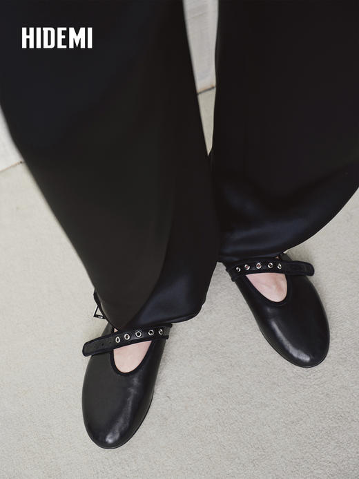 HIDEMI 真皮羊皮玛丽珍鞋浅口单鞋芭蕾舞鞋铆钉一字扣平底鞋 商品图2