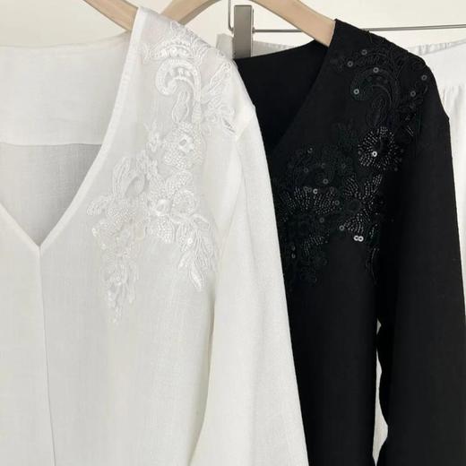 法式刺绣仿苎麻 V领上衣  重工精致刺绣  舒适优雅 商品图6