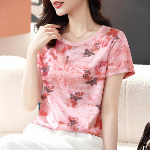 丁摩 真丝圆领印花桑蚕丝T恤上衣 商品图0