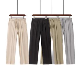 F033128夏季棉麻裤松紧腰柔软透气男士修身直筒纯色简约休闲亚麻长裤