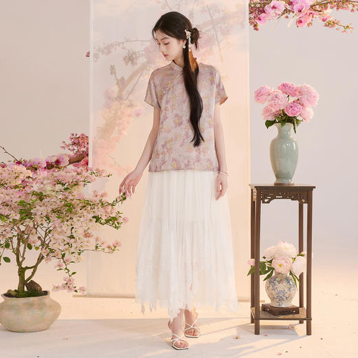 三彩【雨霁山樱】2026夏季新款新中式小衫提花短袖上衣C 商品图3