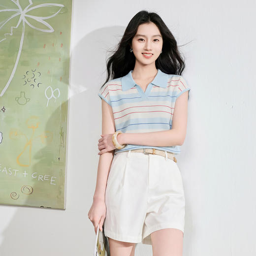 三彩2026夏季新款休闲翻领条纹针织衫Polo衫上衣套头毛衫S 商品图1